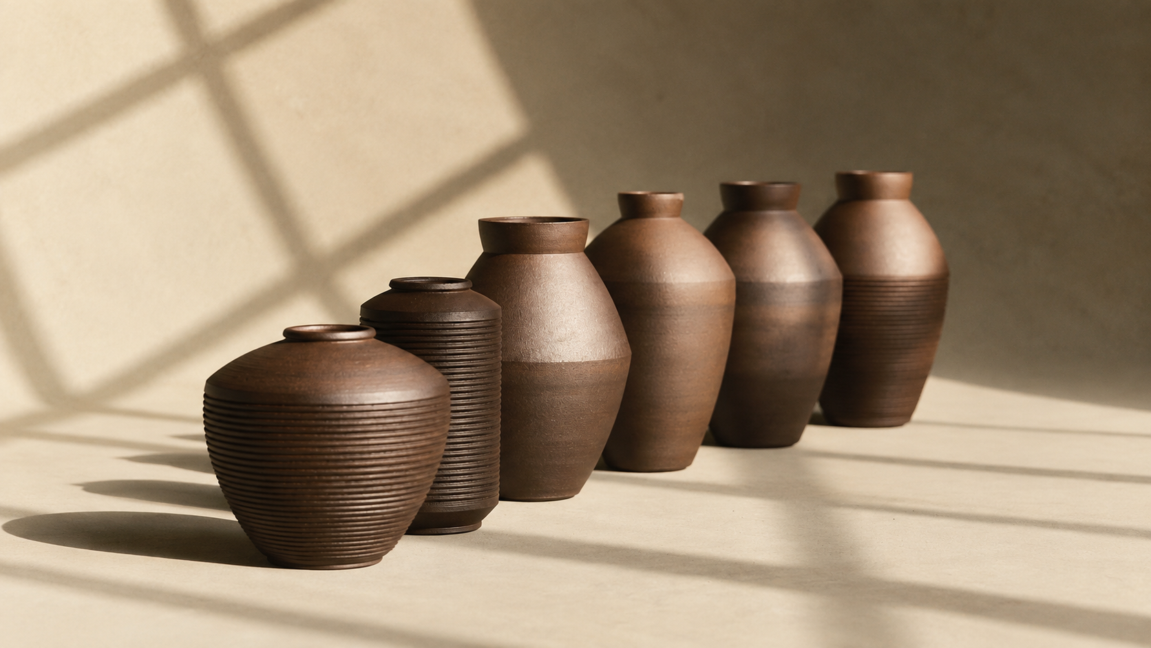 Fileira de vasos de cerâmica artesanal iluminados por luz lateral